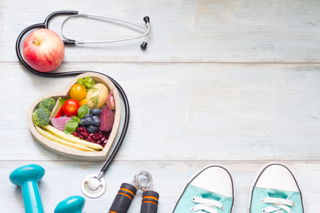 Healthy lifestyle concept with diet  fitness and medicine background